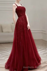 Burgundy Prom Dresses A line Straps Tulle Evening Dresses
